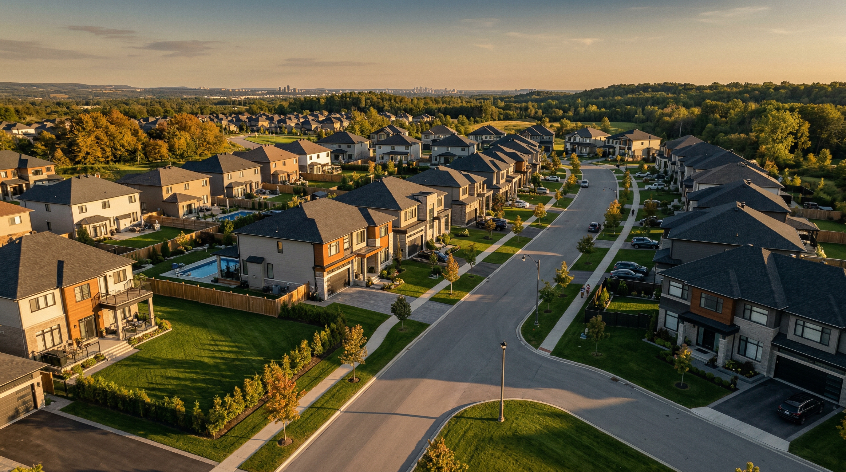 Aerial view of residential neighborhood at golden hour